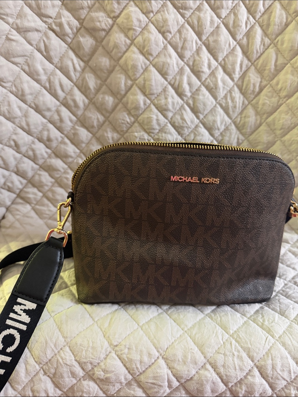 Michael Kors Brown MK Logo Crossbody with Black Strap